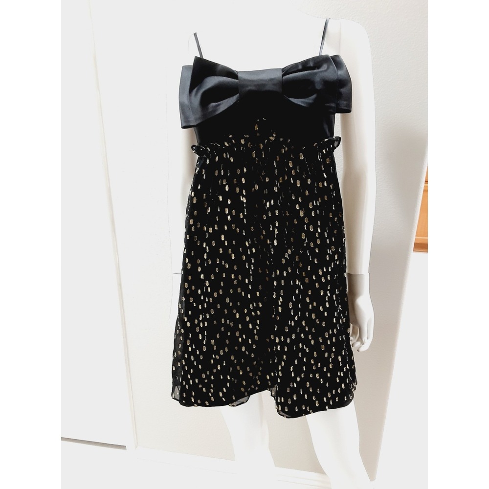 BETSEY JOHNSON Evening Dress Silk Black Gold Satin Bow Sz 4 Babydoll Straps